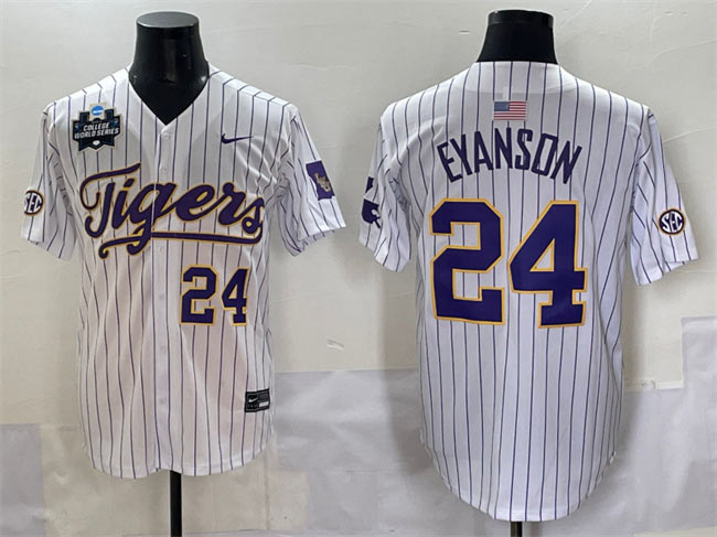 Men's LSU Tigers 24 Anthony Eyanson White Pinstripe 2025 World Series & SEC Patch Stitched Baseball Jersey