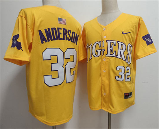 Men's LSU Tigers 32 Kade Anderson Gold 2025 Stitched Baseball Jersey