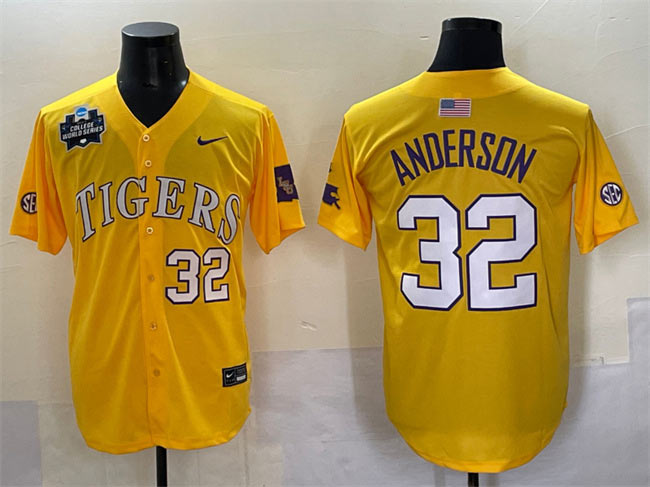 Men's LSU Tigers 32 Kade Anderson Gold 2025 World Series & SEC Patch Stitched Baseball Jersey