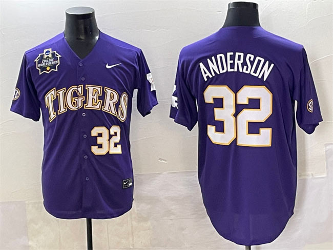 Men's LSU Tigers 32 Kade Anderson Purple 2025 World Series & SEC Patch Stitched Baseball Jersey