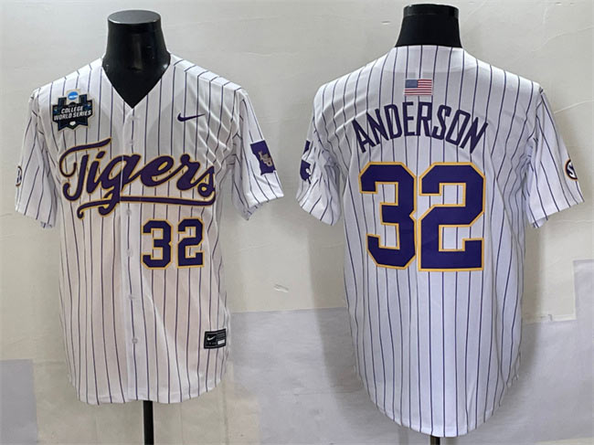 Men's LSU Tigers 32 Kade Anderson White Pinstripe 2025 World Series & SEC Patch Stitched Baseball Jersey