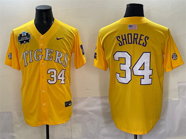 Men's LSU Tigers 34 Chase Shores Gold 2025 World Series & SEC Patch Stitched Baseball Jersey