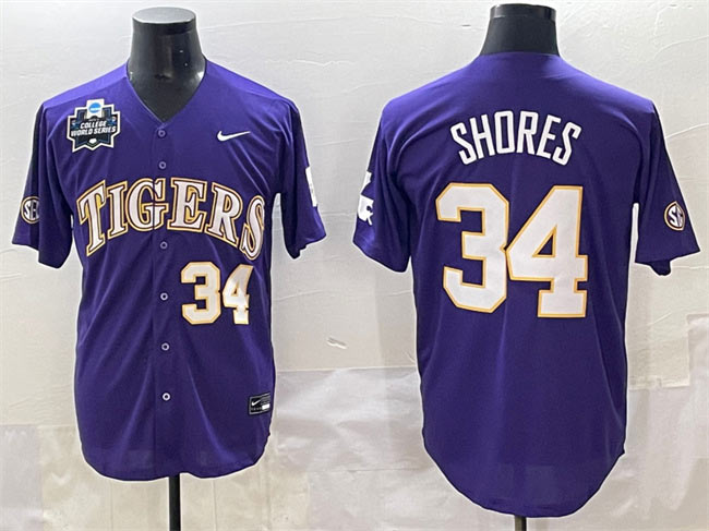 Men's LSU Tigers 34 Chase Shores Purple 2025 World Series & SEC Patch Stitched Baseball Jersey