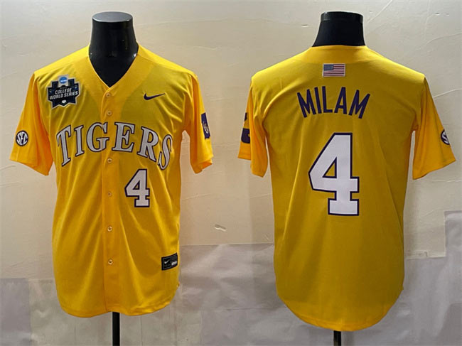 Men's LSU Tigers 4 Steven Milam Gold 2025 World Series & SEC Patch Stitched Baseball Jersey