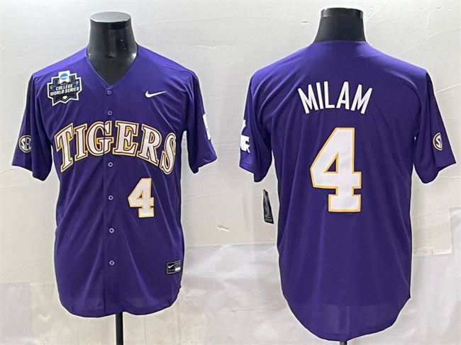 Men's LSU Tigers 4 Steven Milam Purple 2025 World Series & SEC Patch Stitched Baseball Jersey