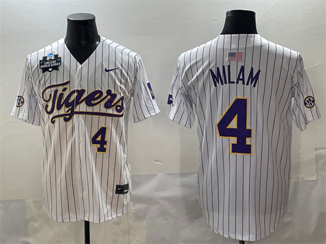 Men's LSU Tigers 4 Steven Milam White Pinstripe 2025 World Series & SEC Patch Stitched Baseball Jersey