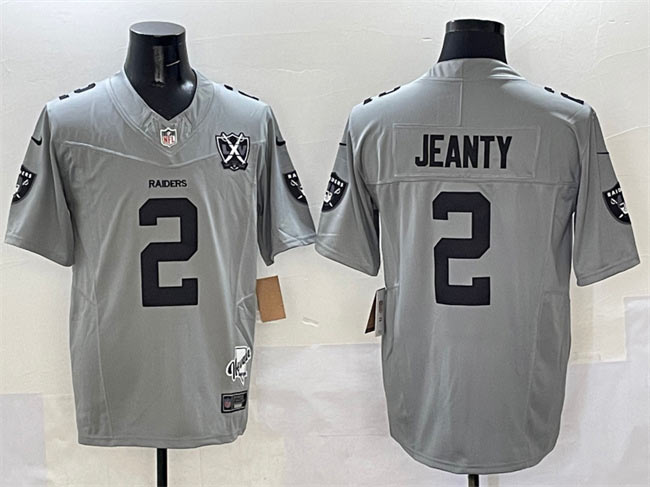 Men's Las Vegas Raiders 2 Ashton Jeanty Gray 2025 Draft F.U.S.E. With Nevada Silver Stat Patch And 65th Anniversary Patch Football Stitched Jersey
