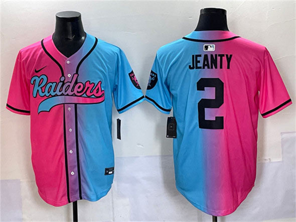 Men's Las Vegas Raiders 2 Ashton Jeanty Pink Blue Limited Stitched Baseball Jersey