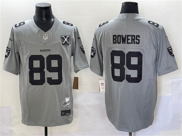 Men's Las Vegas Raiders 89 Brock Bowers Gray 2024 F.U.S.E With Nevada Silver Stat Patch And 65th Anniversary Patch Stitched Football Jersey
