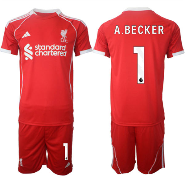 Men's Liverpool 1 Alisson Becker 2025 Red Home Soccer Jersey Suit