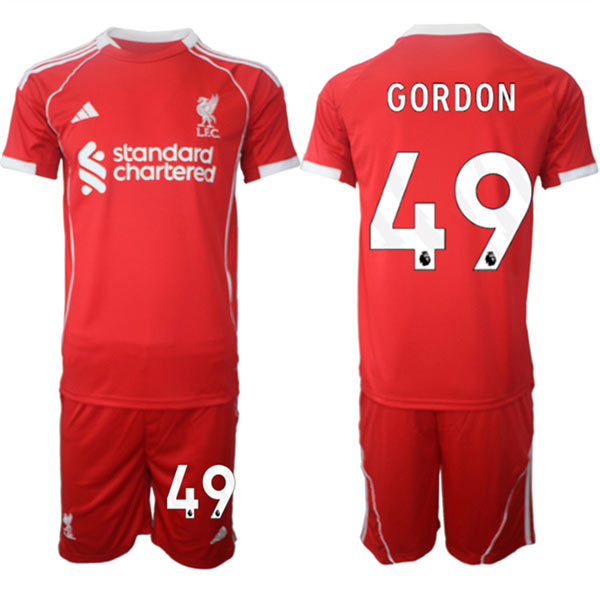 Men's Liverpool 49 Kaide Gordon 2025 Red Home Soccer Jersey Suit
