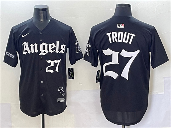 Men's Los Angeles Angels 27 Mike Trout Black 'Gothic Halo Edition' Vapor Limited Stitched Jersey