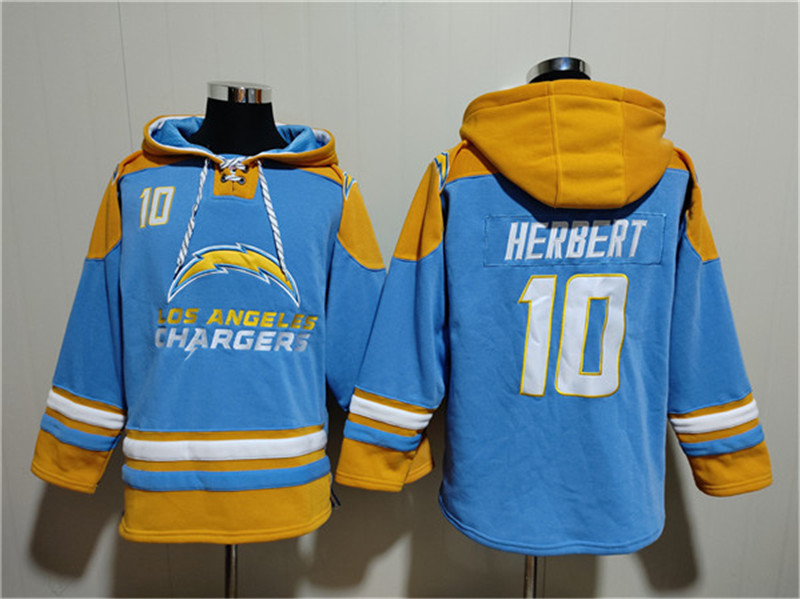 Men's Los Angeles Chargers 10 Justin Herbert Light Blue Ageless Must Have Lace Up Pullover Hoodie