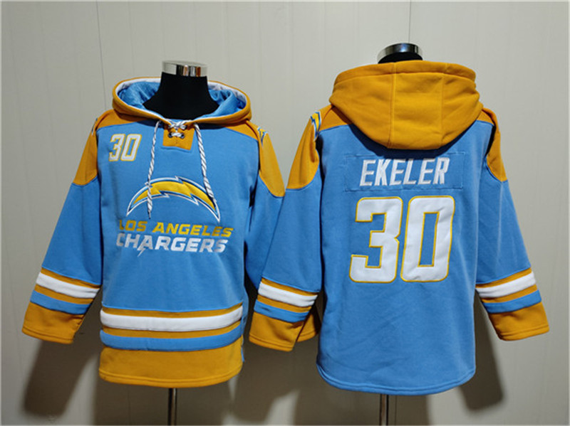 Men's Los Angeles Chargers 30 Austin Ekeler Light Blue Ageless Must Have Lace Up Pullover Hoodie