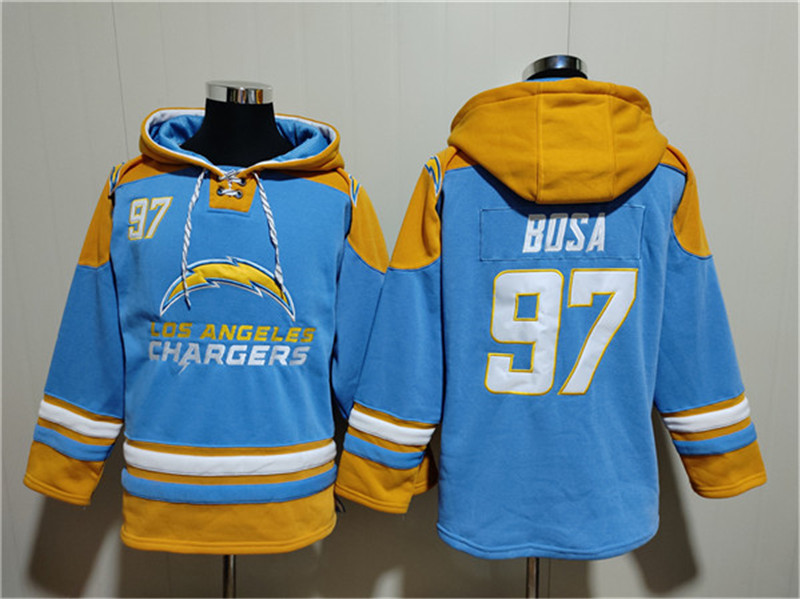 Men's Los Angeles Chargers 97 Joey Bosa Light Blue Ageless Must Have Lace Up Pullover Hoodie