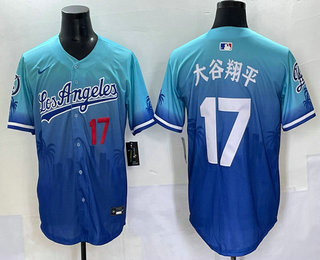 Men's Los Angeles Dodgers 17 Shohei Ohtani Japanese Blue 2025 City Connect Limited Stitched Jersey