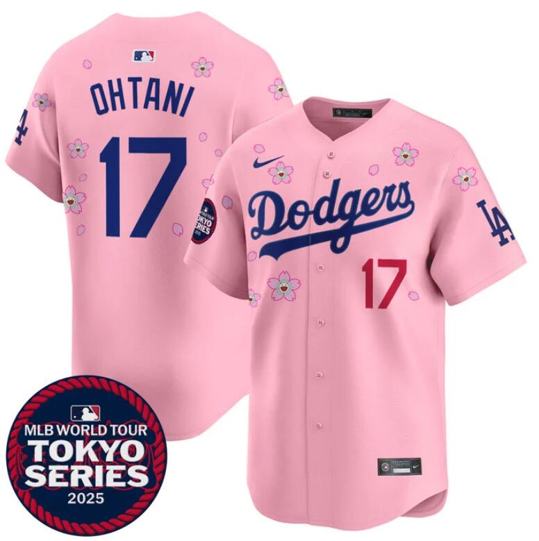 Men's Los Angeles Dodgers 17 Shohei Ohtani Pink 2025 Tokyo Series Limited Stitched Baseball Jersey