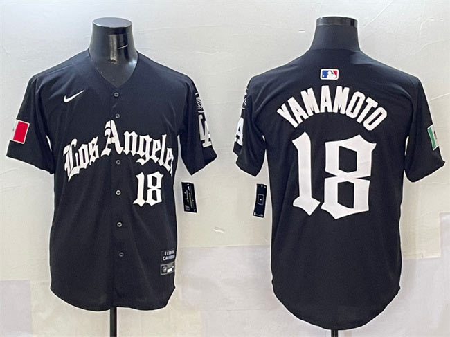 Men's Los Angeles Dodgers 18 Yoshinobu Yamamoto Black Mexico 2025 LA Gothic Style With Fernando Patch Vapor Premier Limited Stitched Baseball Jersey