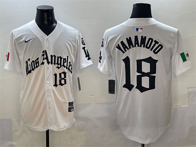 Men's Los Angeles Dodgers 18 Yoshinobu Yamamoto White Mexico 2025 LA Gothic Style With Fernando Patch Vapor Premier Limited Stitched Baseball Jersey