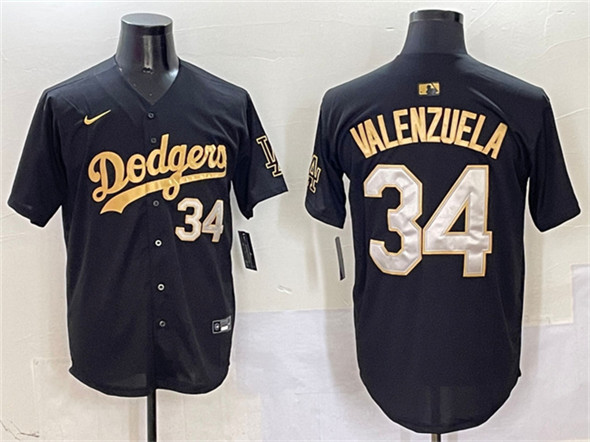 Men's Los Angeles Dodgers 34 Fernando Valenzuela Black Gold Limited Stitched Baseball Jersey