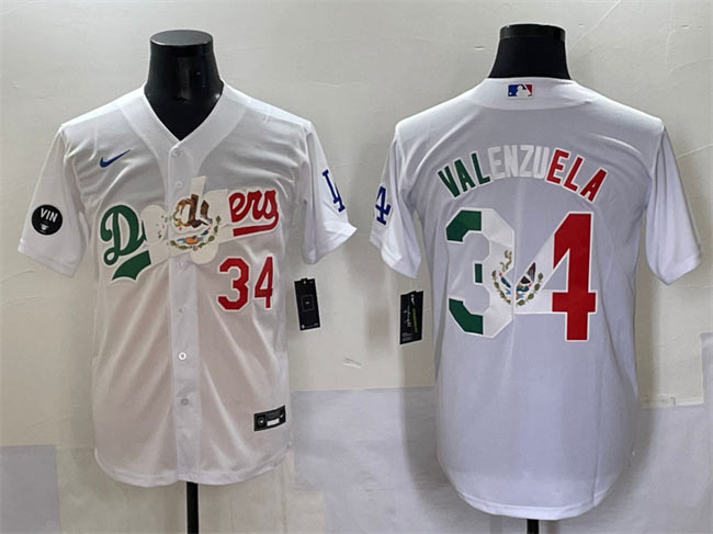 Men's Los Angeles Dodgers 34 Fernando Valenzuela White Mexico Special Vin Scully Patch Stitched Baseball Jersey