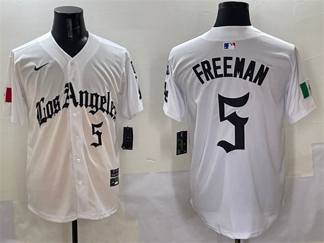 Men's Los Angeles Dodgers 5 Freddie Freeman White Mexico 2025 LA Gothic Style With Fernando Patch Vapor Premier Limited Stitched Baseball Jersey
