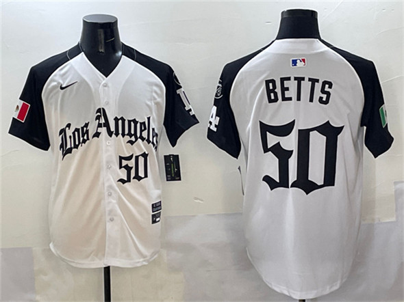Men's Los Angeles Dodgers 50 Mookie Betts White Black Mexico 2025 LA Gothic Style With Fernando Patch Vapor Premier Limited Stitched Baseball Jersey
