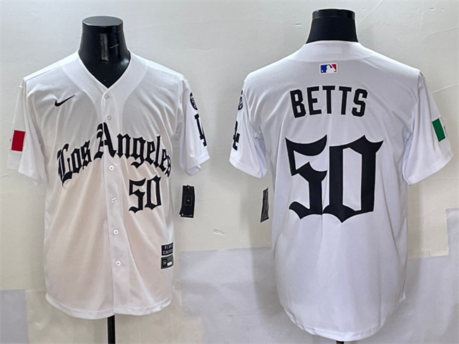 Men's Los Angeles Dodgers 50 Mookie Betts White Mexico 2025 LA Gothic Style With Fernando Patch Vapor Premier Limited Stitched Baseball Jersey