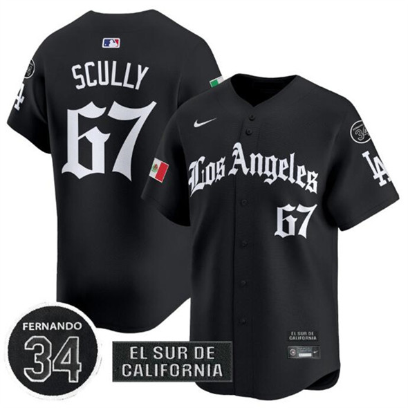 Men's Los Angeles Dodgers 67 Vin Scully Black Mexico 2025 LA Gothic Style With Fernando Patch Vapor Premier Limited Stitched Baseball Jersey