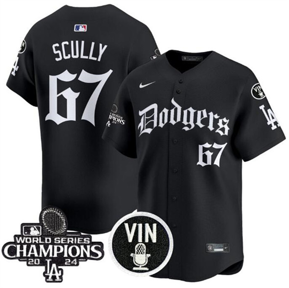 Men's Los Angeles Dodgers 67 Vin Scully Black Mexico 2025 LA Gothic Style With Vin And 2024 World Series Champions Patch Vapor Premier Limited Stitched Baseball Jersey