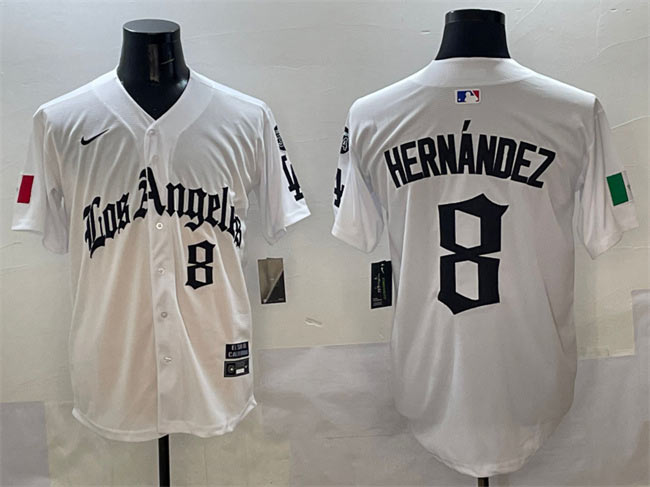 Men's Los Angeles Dodgers 8 Enrique Hernández White Mexico 2025 LA Gothic Style With Fernando Patch Vapor Premier Limited Stitched Baseball Jersey