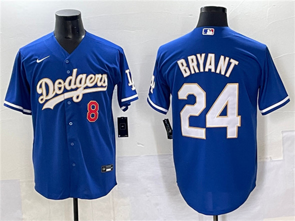 Men's Los Angeles Dodgers Front 8 Back 24 Kobe Bryant Blue Gold Cool Base Stitched Baseball Jersey
