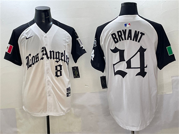 Men's Los Angeles Dodgers Front 8 Back 24 Kobe Bryant White Black Mexico 2025 LA Gothic Style With Fernando Patch Vapor Premier Limited Stitched Baseball Jersey