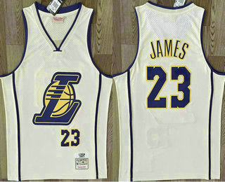Men's Los Angeles Lakers 23 Lebron James Cream Throwback Swingman Jersey