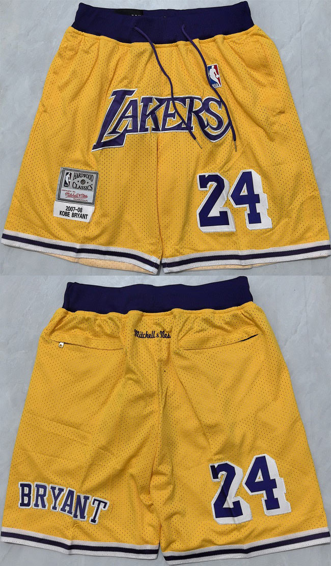 Men's Los Angeles Lakers 24 Kobe Bryant Yellow Shorts (Run Small)