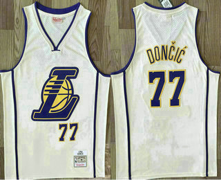 Men's Los Angeles Lakers 77 Luka Doncic Cream Throwback Swingman Jersey