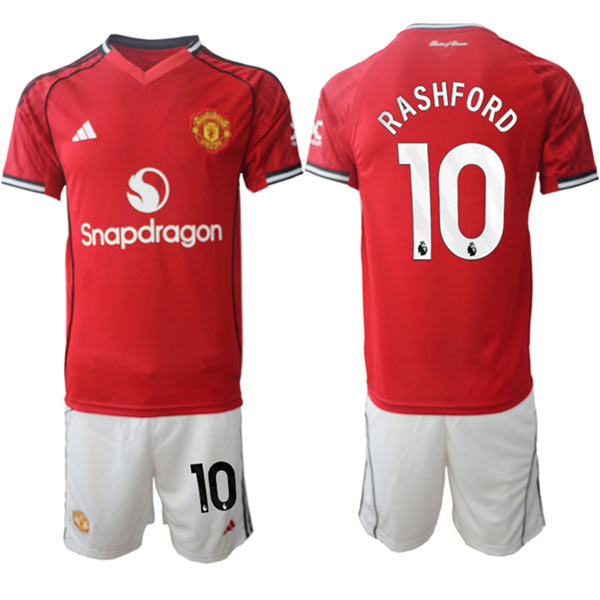 Men's Manchester United 10 Marcus Rashford 2025 26 Red Home Soccer Jersey Suit