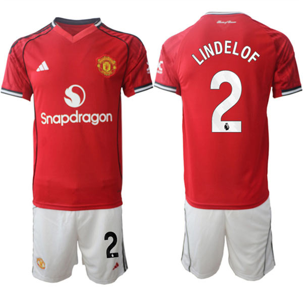Men's Manchester United 2 Victor Lindelf 2025 26 Red Home Soccer Jersey Suit