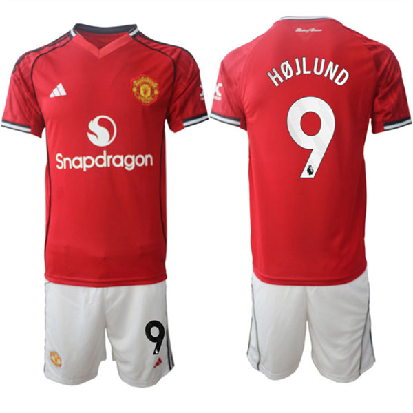 Men's Manchester United 9 Rasmus Hjlund 2025 26 Red Home Soccer Jersey Suit