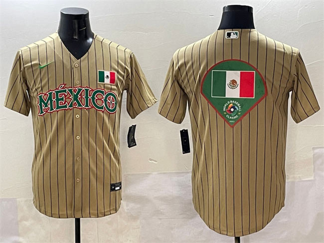 Men's Mexico Baseball Tan 2023 World Baseball Classic Team Big Logo Stitched Jerseys