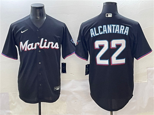 Men's Miami Marlins 22 Sandy Alcantara Black Cool Base Stitched Jersey