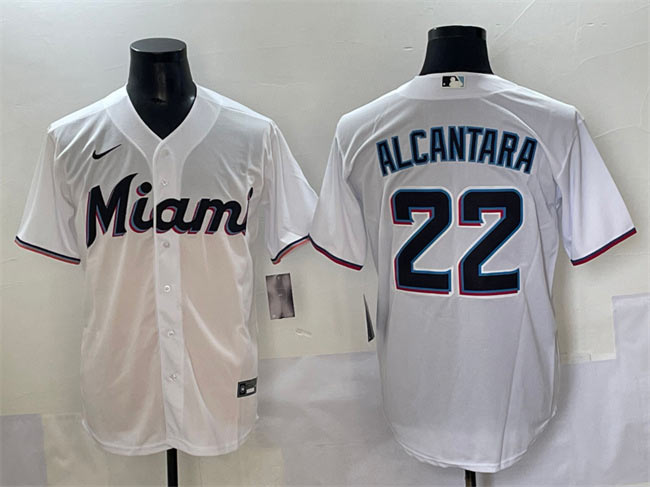Men's Miami Marlins 22 Sandy Alcantara White Cool Base Stitched Jersey