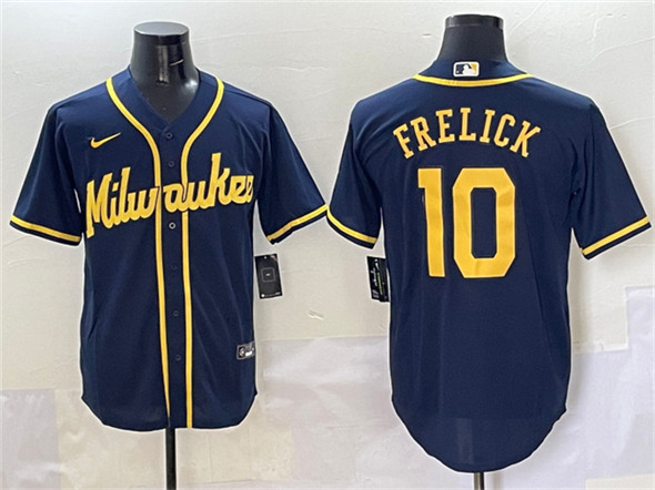 Men's Milwaukee Brewers 10 Sal Frelick Navy Cool Base Stitched Jersey