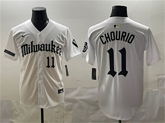 Men's Milwaukee Brewers 11 Jackson Chourio White 'Gothic 414 Shadows Edition' Vapor Premier Limited Stitched Jersey