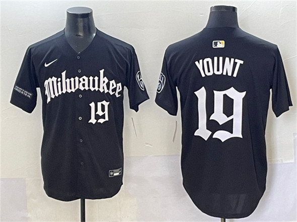 Men's Milwaukee Brewers 19 Robin Yount Black 'Gothic 414 Shadows Edition' Vapor Premier Limited Stitched Jersey