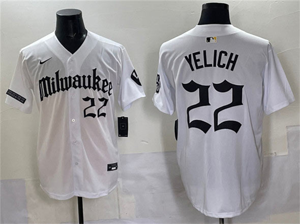 Men's Milwaukee Brewers 22 Christian Yelich White 'Gothic 414 Shadows Edition' Vapor Premier Limited Stitched Jersey