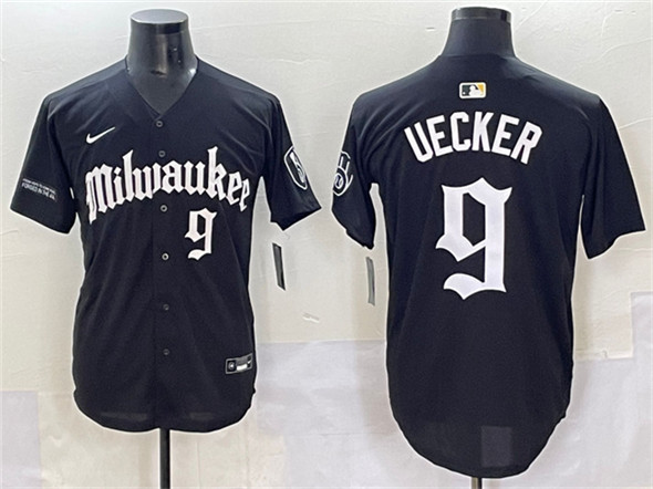 Men's Milwaukee Brewers 9 Bob Uecker Black 'Gothic 414 Shadows Edition' Vapor Premier Limited Stitched Jersey