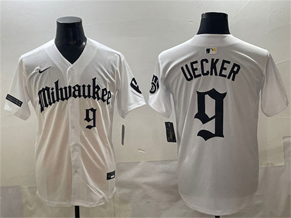 Men's Milwaukee Brewers 9 Bob Uecker White 'Gothic 414 Shadows Edition' Vapor Premier Limited Stitched Jersey