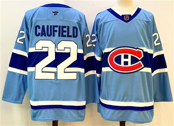 Men's Montreal Canadiens 22 Cole Caufield Blue 2024 25 Reverse Retro Stitched Jersey