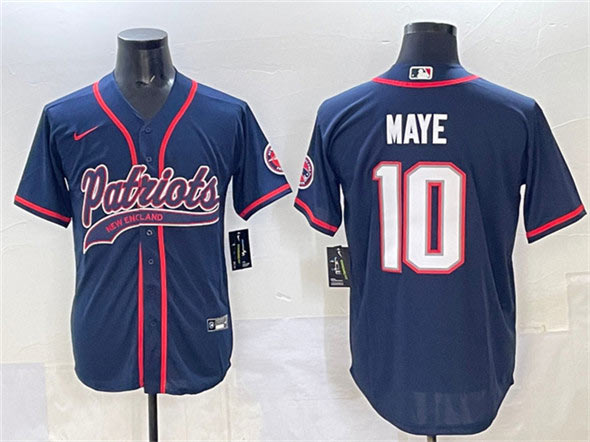 Men's New England Patriots 10 Drake Maye Navy With Path Cool Base Stitched Baseball Jersey